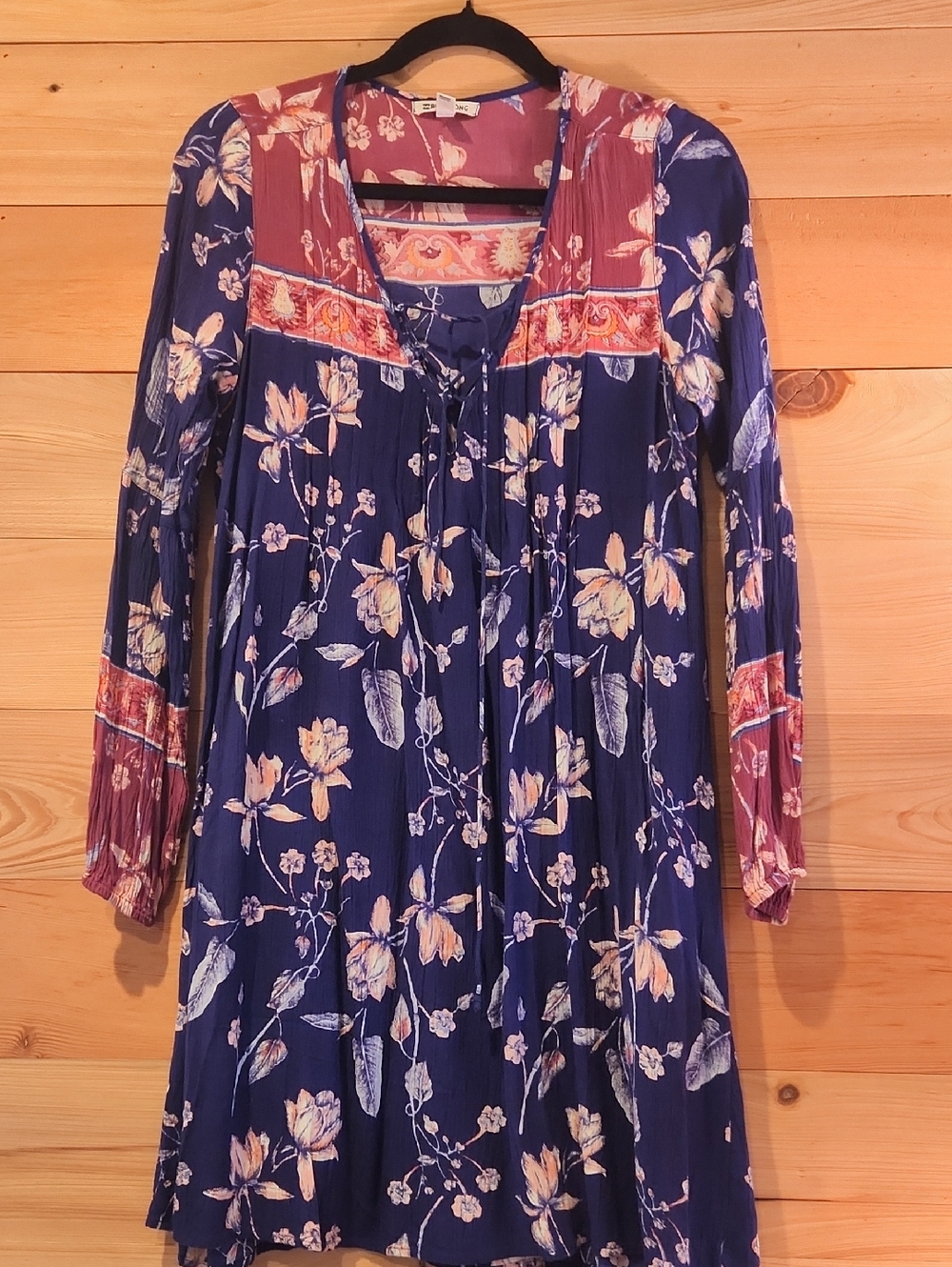 Billabong Navy Floral Long-Sleeve Boho Dress with Mauve Yoke